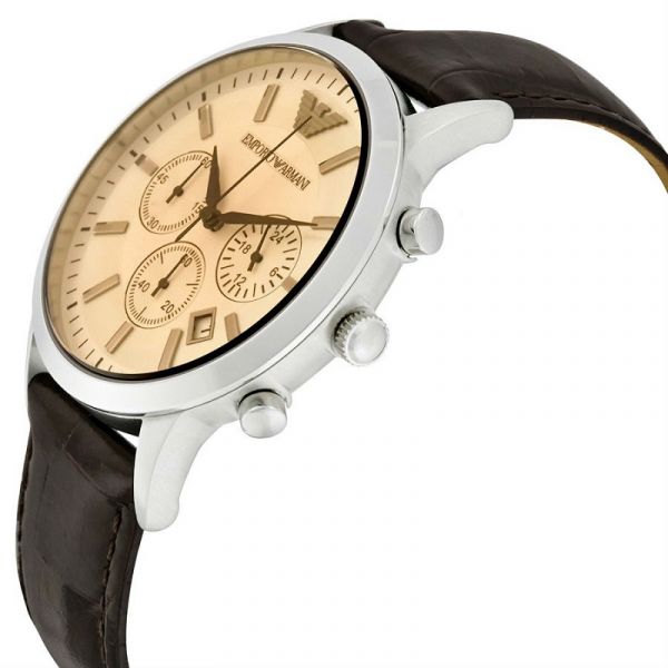 Emporio Armani Classic Chronograph Beige Dial Brown Leather Strap Watch For Men - AR2433