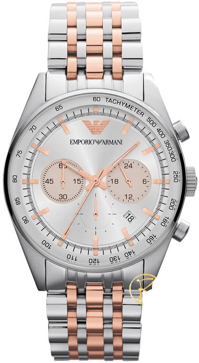 Emporio Armani Sportivo Chronograph Silver Dial Two Tone Steel Strap Watch For Men - AR5999