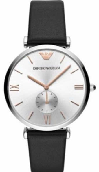 Emporio Armani Gianni T Bar Mother of Pearl Dial Black Leather Strap Watch For Women - AR90002