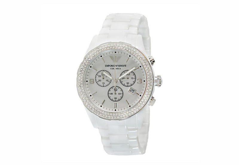 Emporio Armani Ceramica Chronograph White Dial White Ceramic Strap Watch For Women - AR1456