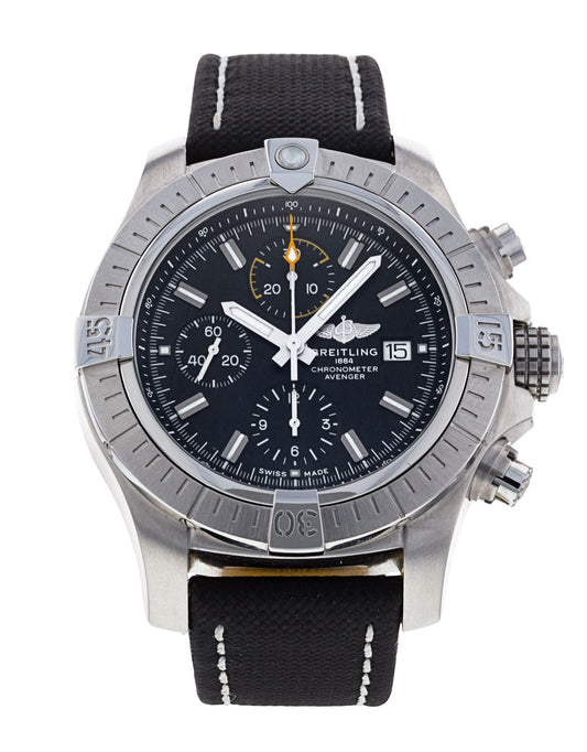 Breitling Avenger Chronograph 45mm Black Dial Black Leather Strap Watch for Men - A13317101B1X1