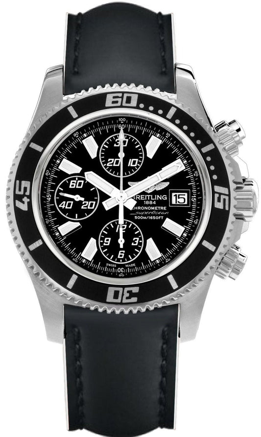 Breitling Superocean Chronograph II 44mm Automatic Black Dial Black Leather Strap Mens Watch - A1334102/BA84