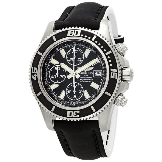 Breitling Superocean Chronograph II 44mm Automatic Black Dial Black Leather Strap Mens Watch - A1334102/BA84