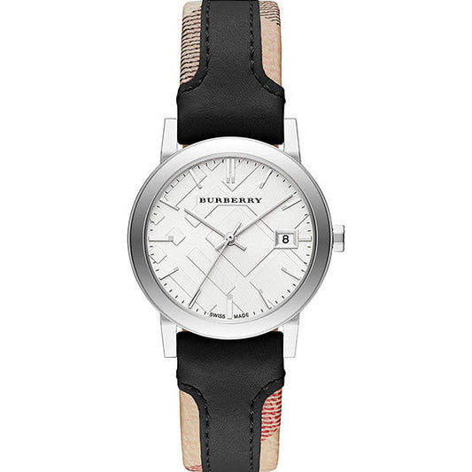 Burberry The City White Dial Black Leather Strap Watch for Women - BU9150