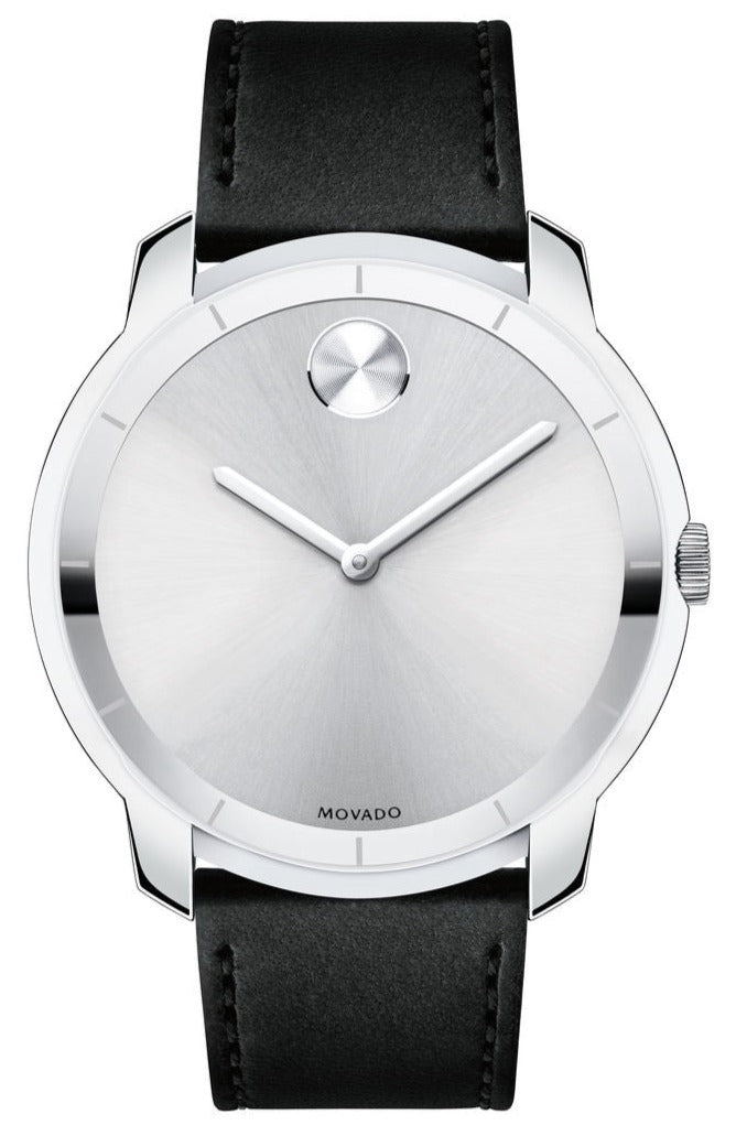 Movado Bold Silver Dial Black Leather Strap Watch For Men - 3600468