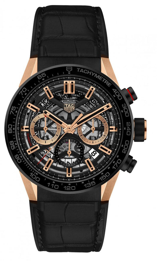 Tag Heuer Carrera Automatic Chronograph Steel & Gold Dial Black Leather Strap Watch for Men - CBG2050.FC6426