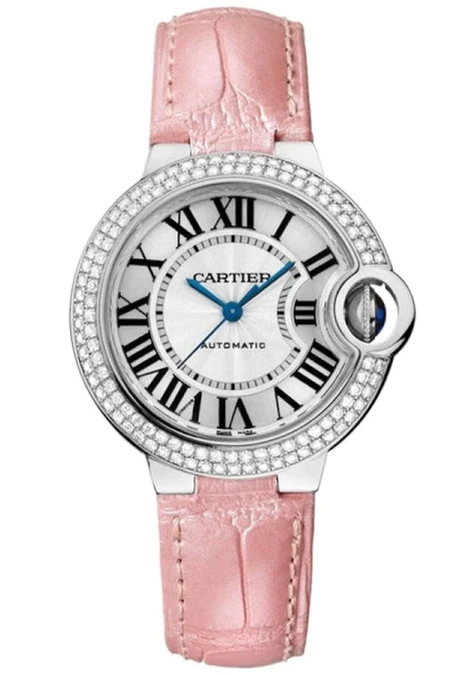 Cartier Ballon Bleu De Cartier Diamonds Silver Dial Pink Leather Strap Watch for Women - WE902037