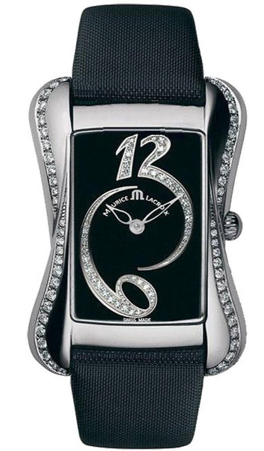 Maurice Lacroix Fiaba Black Dial with Diamonds Black Leather Strap Watch for Women - DV5012-SD531-350