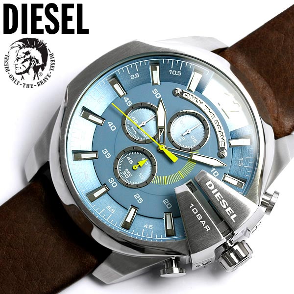 Diesel Mega Chief Blue Dial Brown Leather Strap Watch For Men - DZ4281