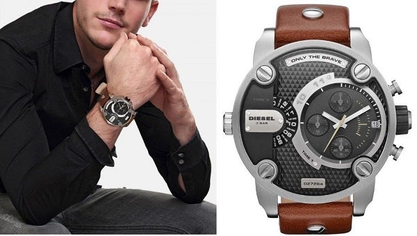 Diesel SBA Dual Time Black Dial Brown Leather Strap Watch For Men - DZ7264