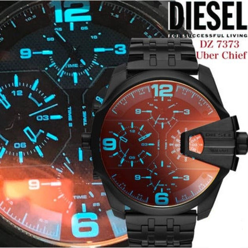 Diesel Uber Chief Chronograph Red Dial Black Steel Strap Watch For Men - DZ7373