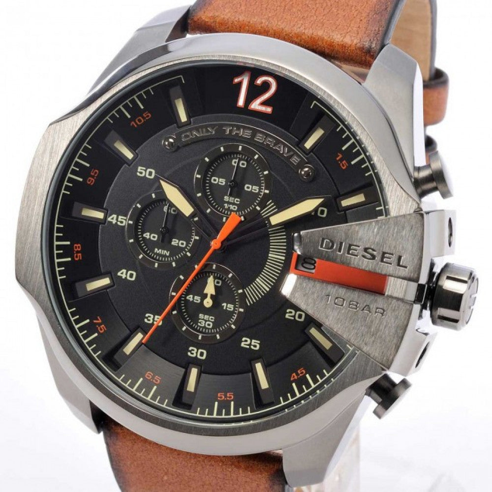 Diesel Mega Chief Quartz Chronograph Black Dial Brown Leather Strap Watch For Men - DZ4343