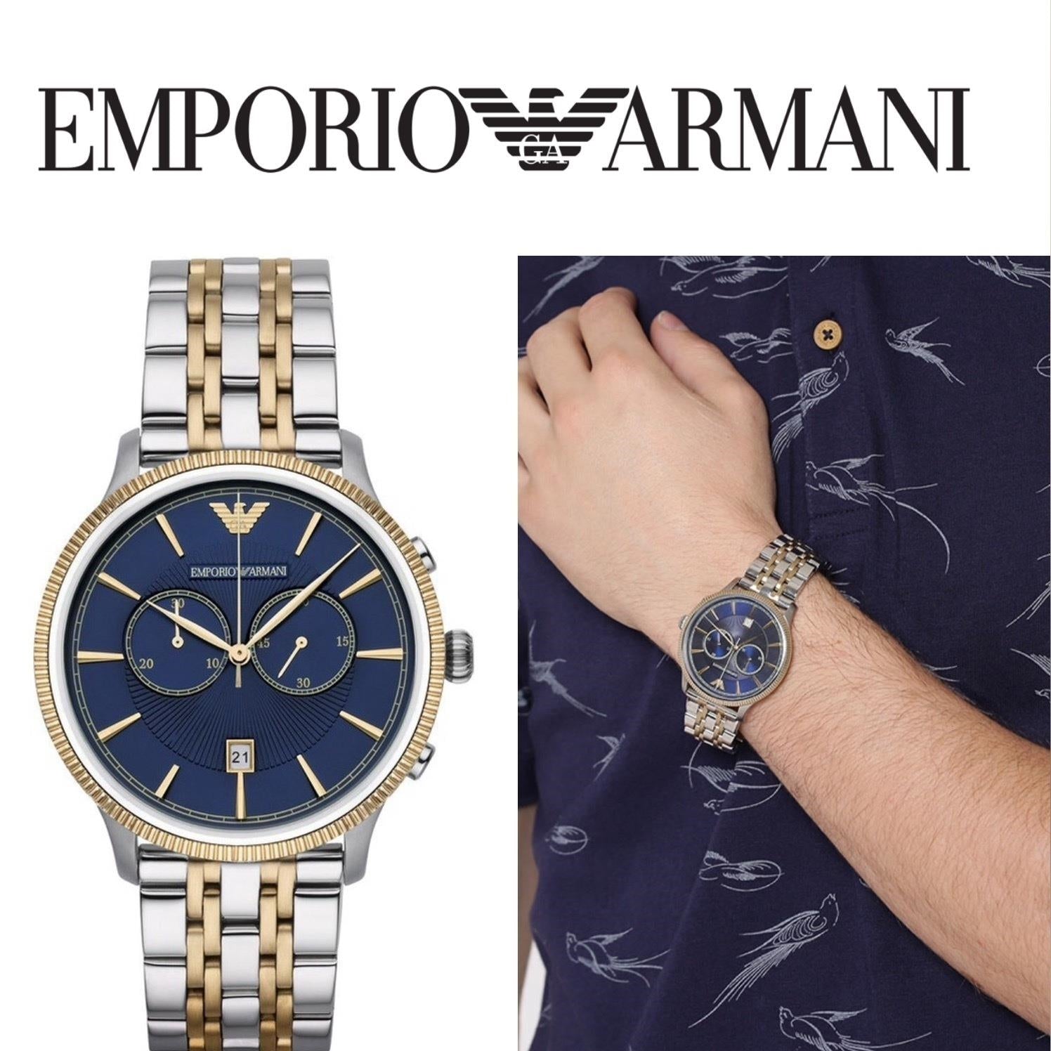 Emporio Armani Classic Blue Dial Two Tone Steel Strap Watch For Men - AR1847