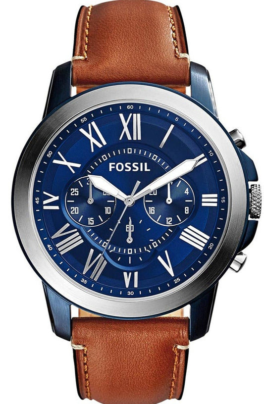 Fossil Grant Chronograph Blue Dial Brown Leather Strap Watch for Men - FS5151