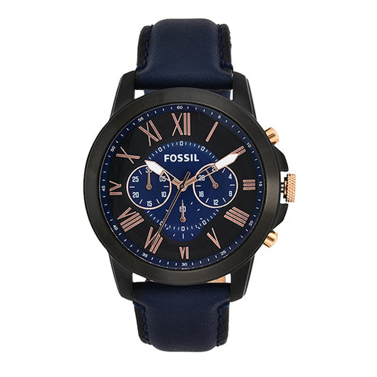 Fossil Grant Chronograph Black Dial Blue Leather Strap Watch for Men - FS5061