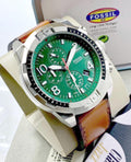 Fossil Bronson Chronograph Green Dial Brown Leather Strap Watch for Men - FS5738