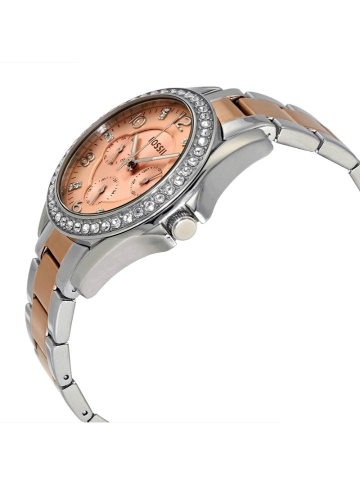 Fossil Riley Multifunction Rose Gold Dial Two Tone Steel Strap Watch for Women - ES4145