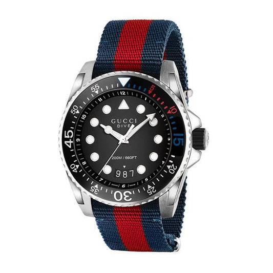 Gucci Dive Black Dial Red & Blue Nylon Strap Watch For Men - YA136210