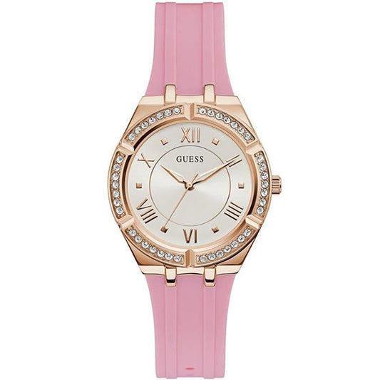 Guess Cosmo Diamonds Silver Dial Pink Rubber Strap Watch for Women - GW0034L3