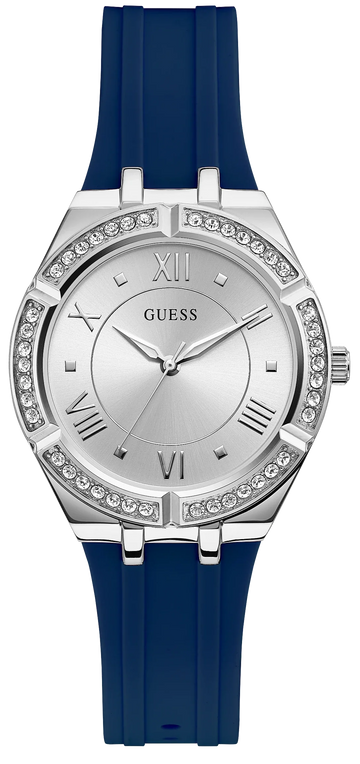 Guess Cosmo Diamonds Silver Dial Blue Rubber Strap Watch for Women - GW0034L5