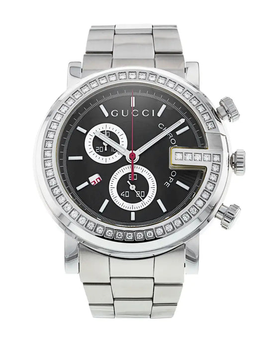 Gucci G Chrono Diamonds Black Dial Silver Steel Strap Watch For Men - YA101324