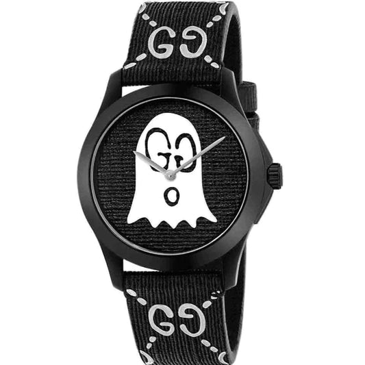 Gucci G Timeless Ghost Motif Black Dial Black Leather Strap Watch For Men - YA1264018