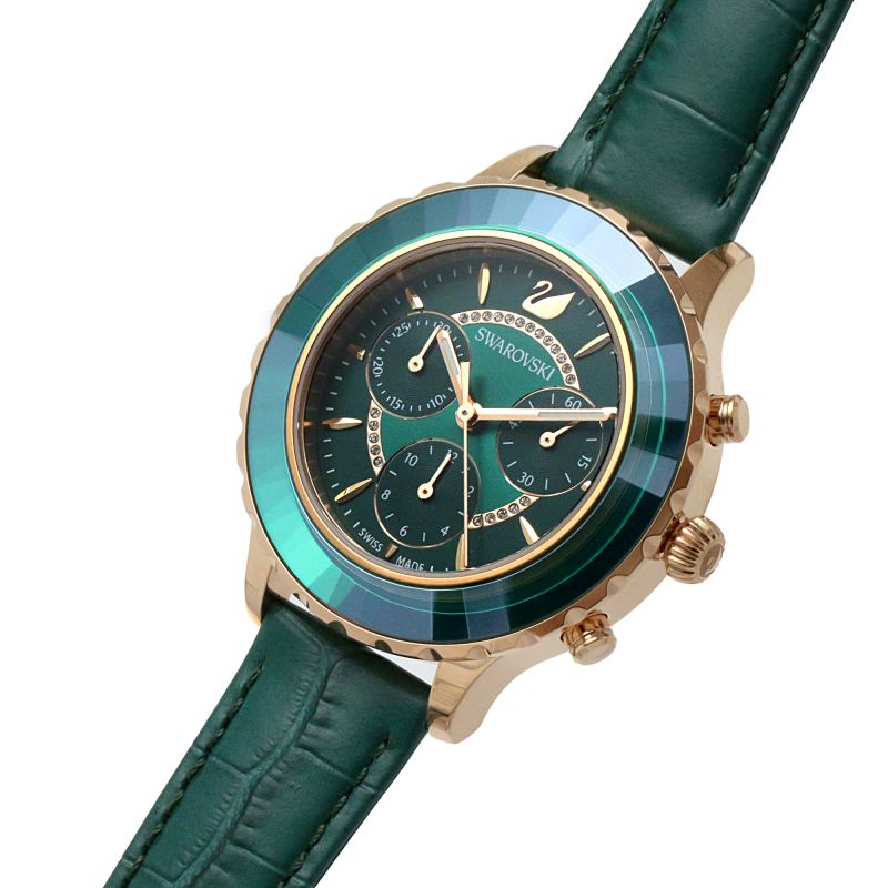 Swarovski Octea Lux Chrono Emerald Green Dial Green Leather Strap Watch for Women - 5452498