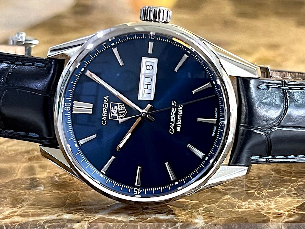 Tag Heuer Carrera Calibre 5 Automatic Blue Dial Blue Leather Strap Watch for Men - WAR201E.FC6292