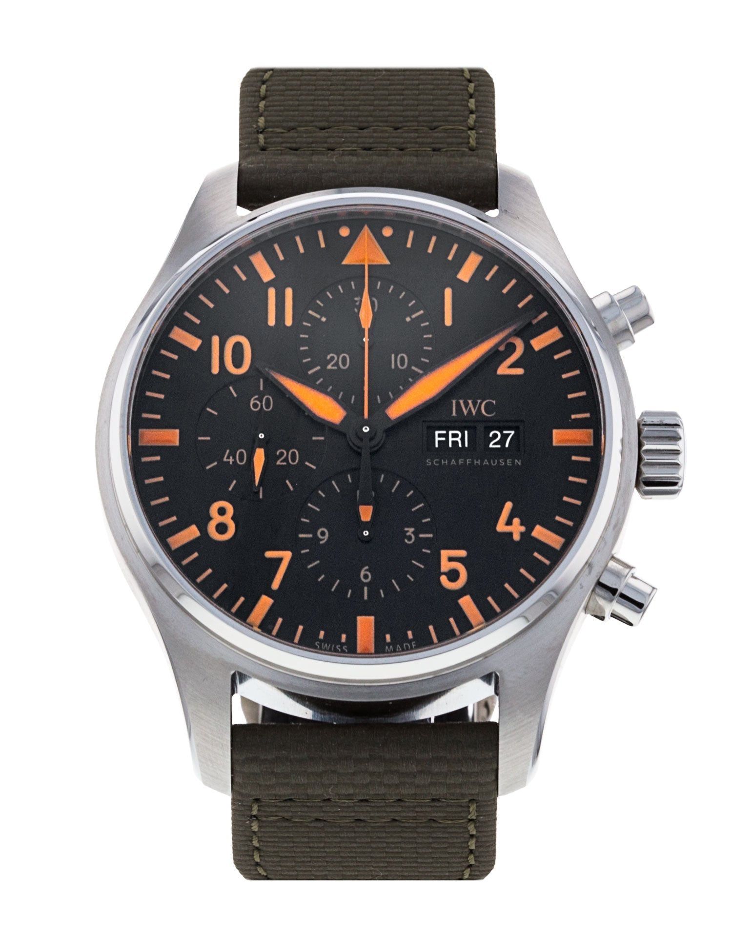 IWC Pilot's Watch Chronograph Black Dial Olive Green Calfskin Strap Watch for Men - IW377730