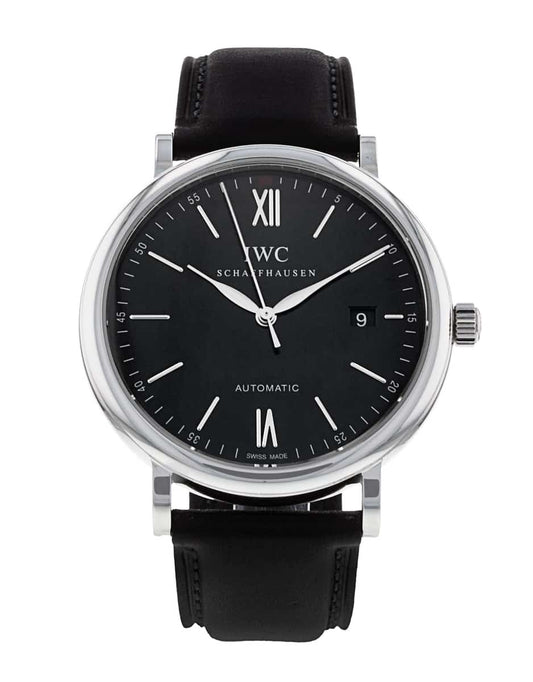 IWC Portofino Automatic Black Dial Black Leather Strap Watch for Men - IW356502