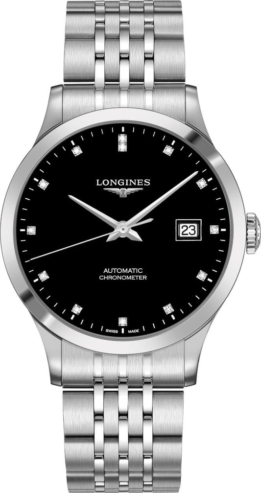 Longines Record Automatic Diamonds Black Dial Silver Steel Strap Watch for Men - L2.821.4.57.6