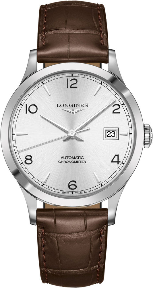 Longines Record Automatic Silver Dial Brown Leather Strap Watch for Men - L2.821.4.76.2