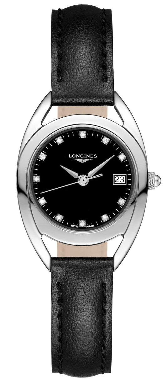 Longines Equestrian Quartz Diamond Black Dial Black Leather Strap Watch for Women - L6.136.4.57.0