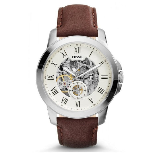 Fossil Grant Automatic White Dial Brown Leather Strap Watch for Men -  ME3027