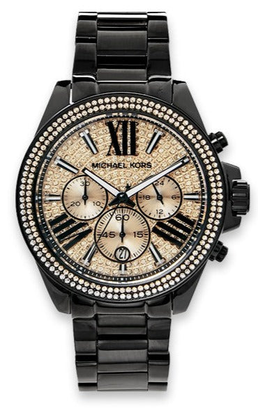 Michael Kors Wren Chronograph Diamonds Gold Dial Black Steel Strap Watch for Women - MK5879