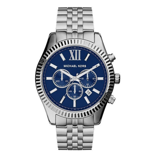 Michael Kors Lexington Chronograph Blue Dial Silver Steel Strap Watch for Men - MK8280