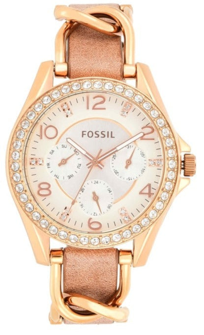 Fossil Riley White Dial Sand Leather Strap Watch for Women - ES3466