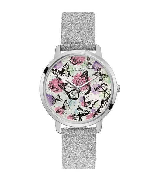 Guess Mariposa White Dial Silver Leather Strap Watch for Women - GW0008L1