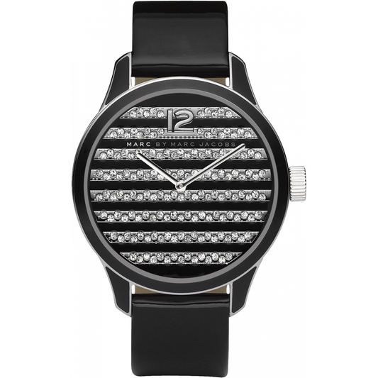 Marc Jacobs Lidia Stripe Glitz Black Dial Black Leather Strap Watch for Women - MBM1166