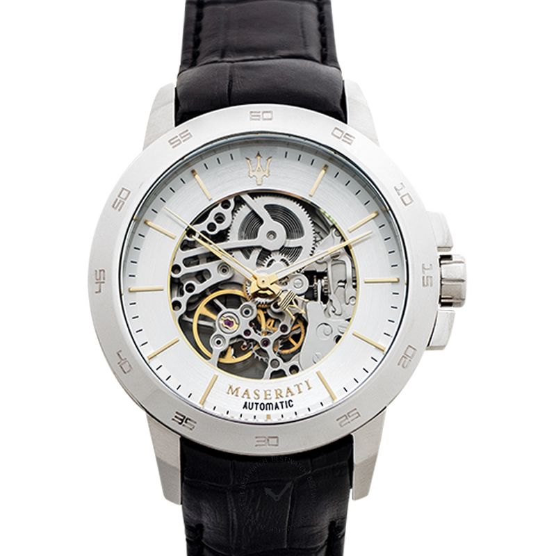 Maserati Ingegno Automatic Black Skeleton Dial Black Leather Strap Watch For Men - R8821119002