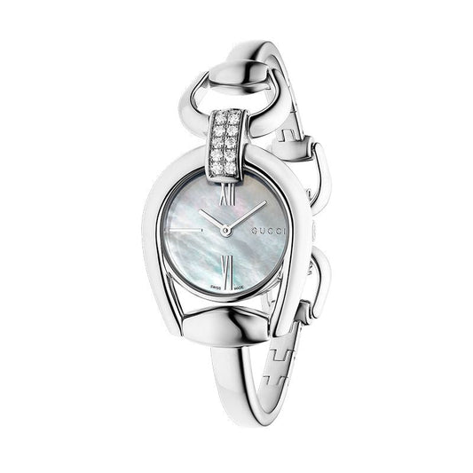 Gucci Horsebit Collection Diamonds Mother of Pearl White Dial Silver Steel Strap Watch For Women - YA139504