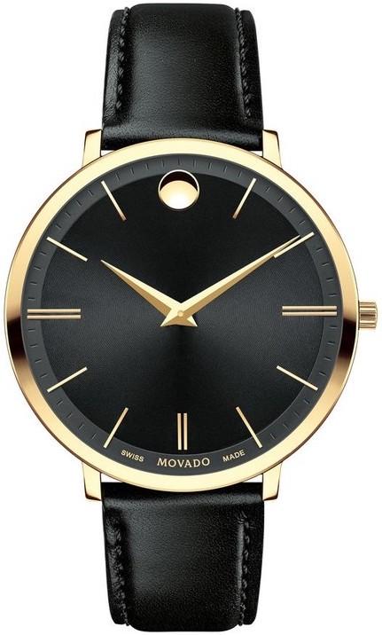 Movado Ultra Slim Black Dial Black Leather Strap Watch For Women - 0607091