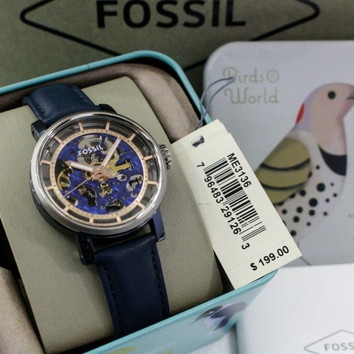 Fossil Boyfriend Skeleton Blue Dial Blue Leather Strap Watch for Women - ME3136