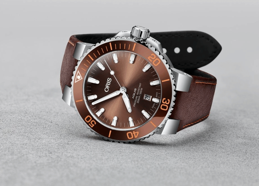 Oris Aquis Date Brown Dial Brown Leather Strap Watch for Men - 0173377304152-0752412EB