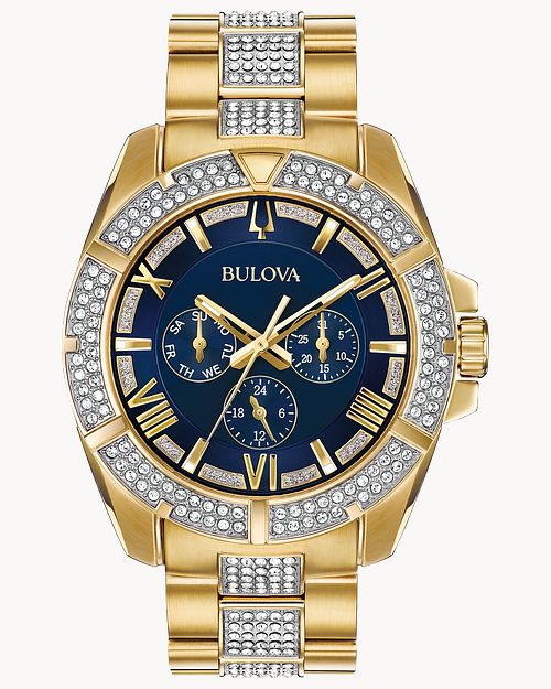 Bulova Crystal Collection Blue Dial Gold Steel Strap Watch for Men - 98C128