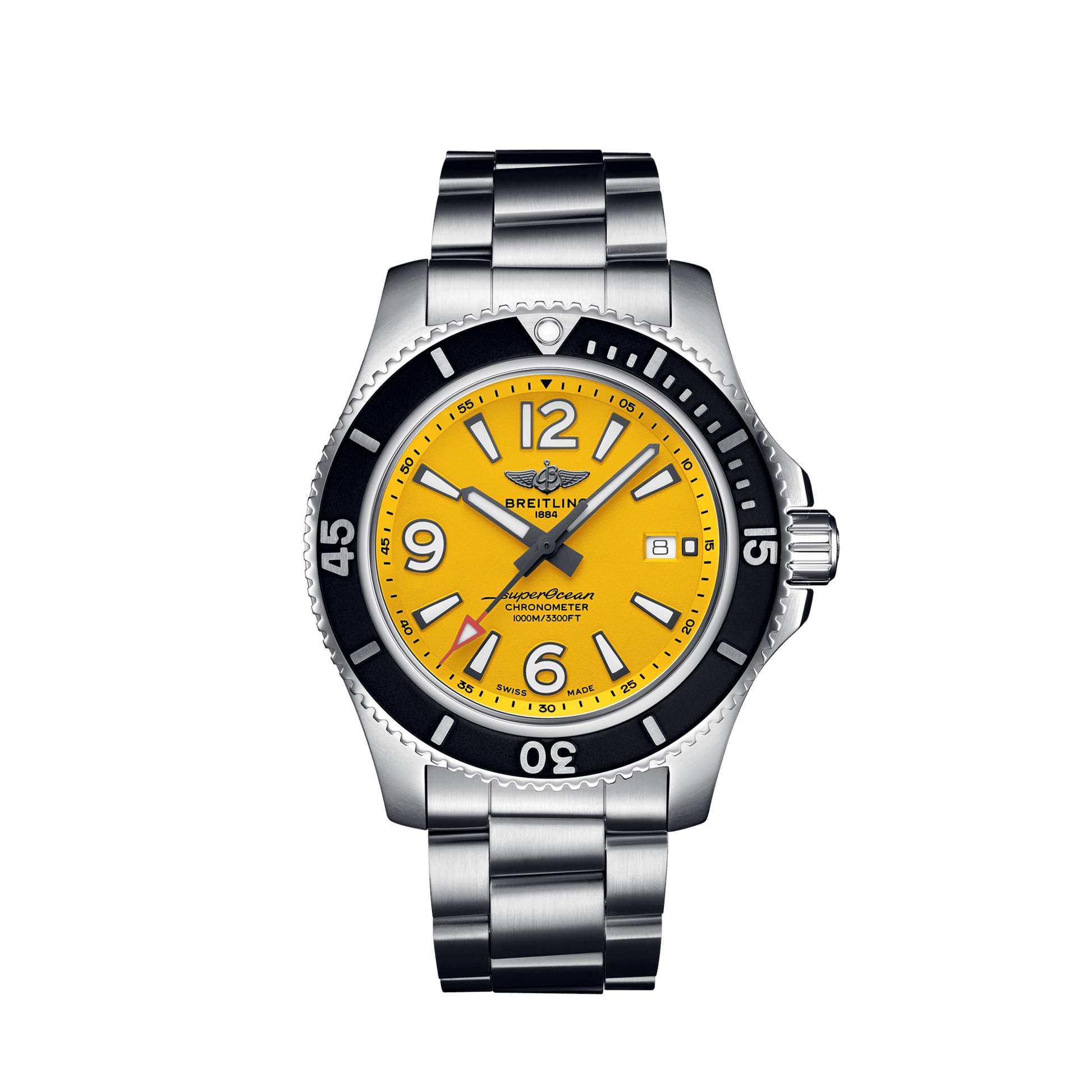 Breitling Superocean Automatic 44mm Yellow Dial Silver Steel Strap Watch for Men - A17375211/1A1