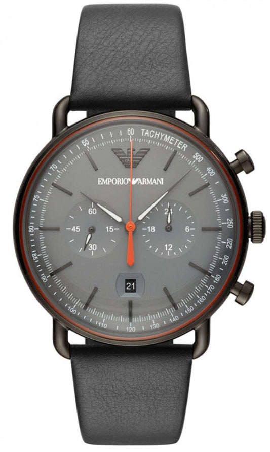 Emporio Armani Aviator Grey Dial Grey Leather Strap Watch For Men - AR11168