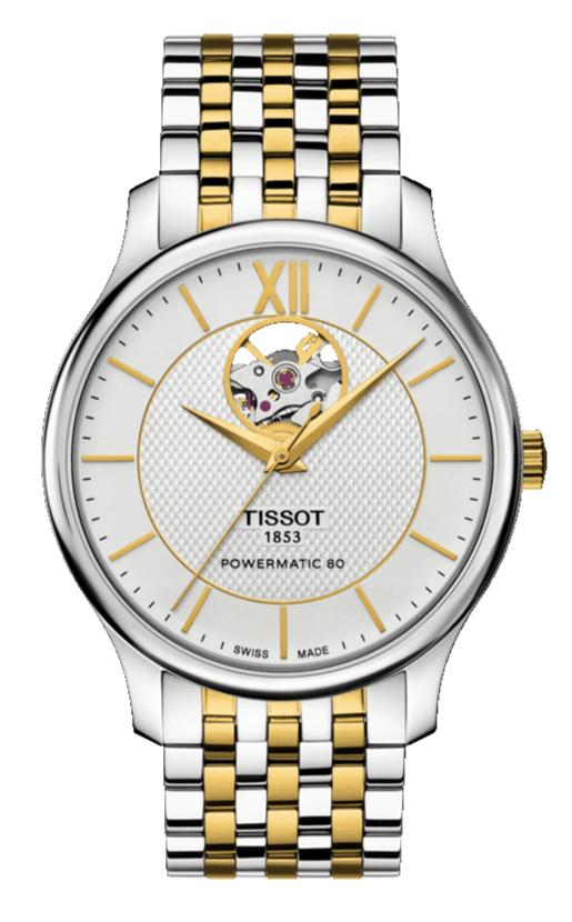 Tissot Tradition Powermatic 80 Open Heart Silver Dial Two Tone Steel Strap Watch For Men - T063.907.22.038.00