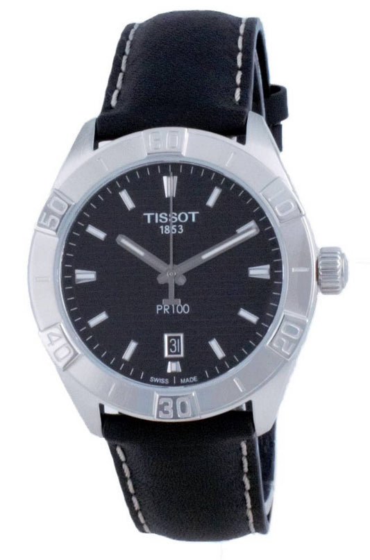 Tissot PR 100 Sport Quartz Black Dial Leather Strap Watch For Men - T101.610.16.051.00