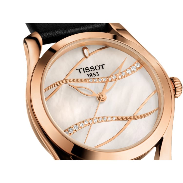 Tissot T Wave Diamond Mother of Pearl Dial Black Leather Strap Watch For Women - T112.210.36.111.00